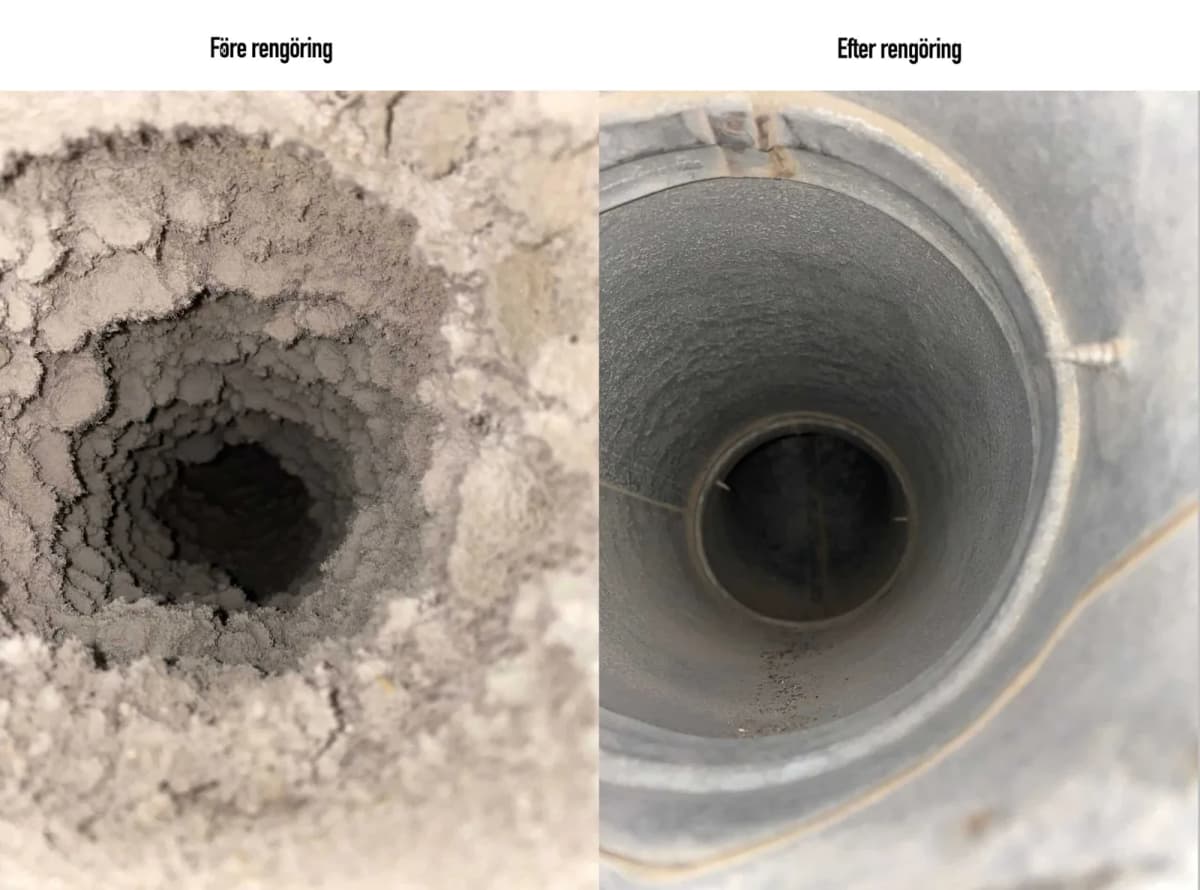 Närbild på en ventilationskanal med tjockt dammlager bredvid samma kanal med rengjord metallyta efter rensning